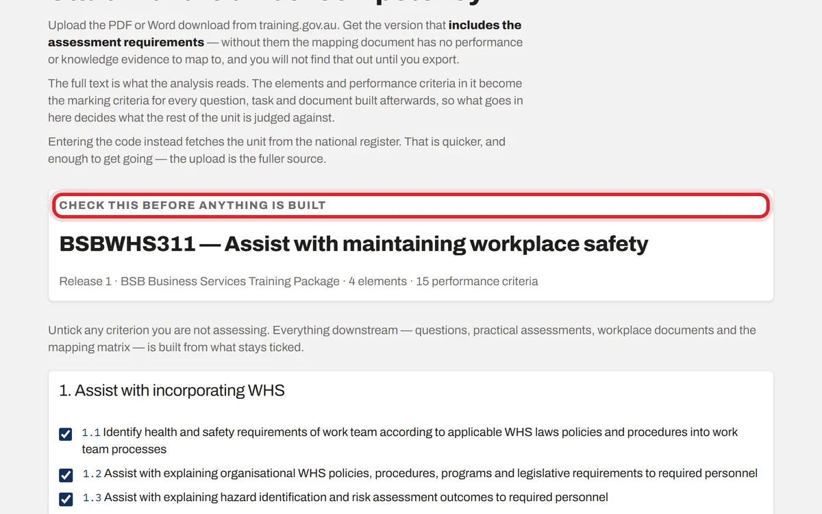 The list of performance criteria with tick boxes