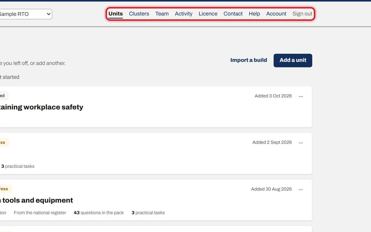 The menu across the top of the page