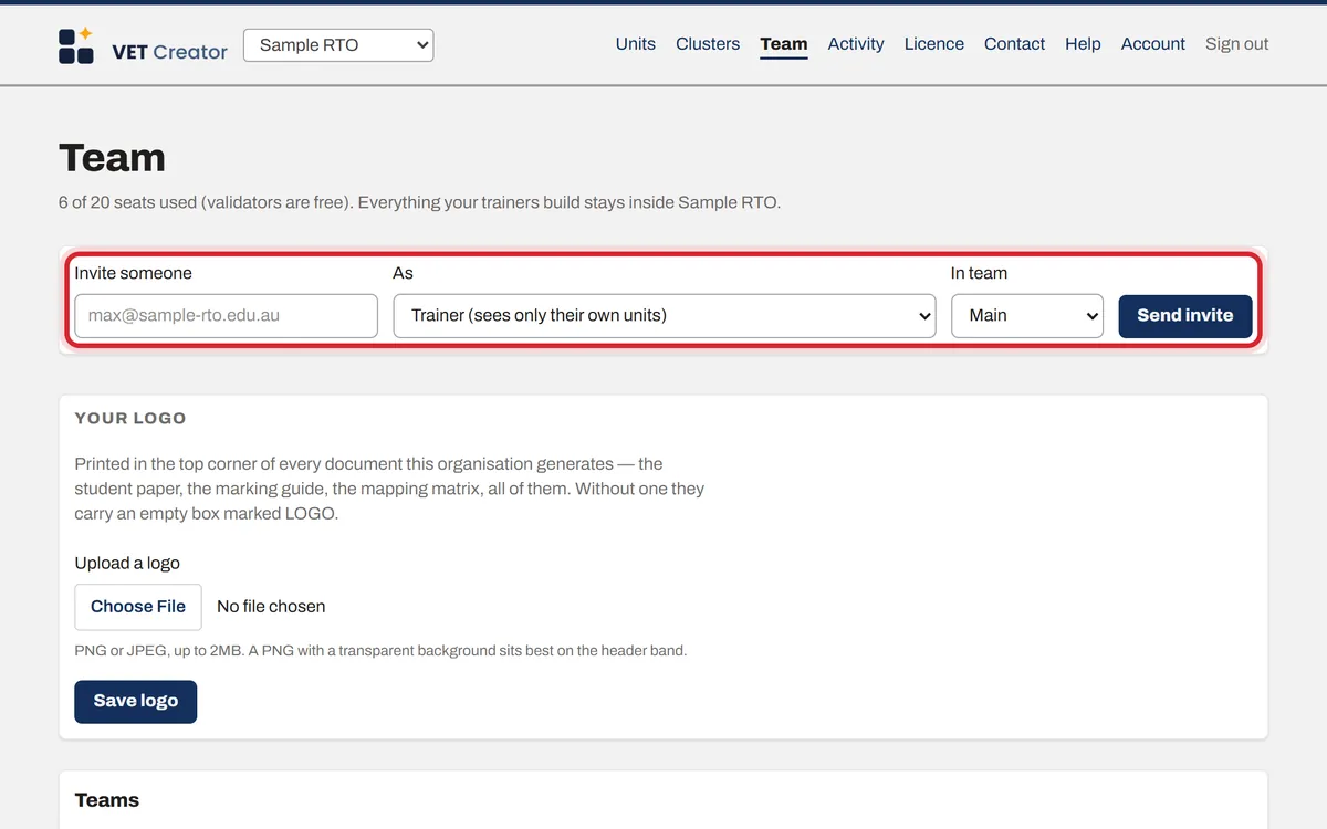 The invite form on the Team page