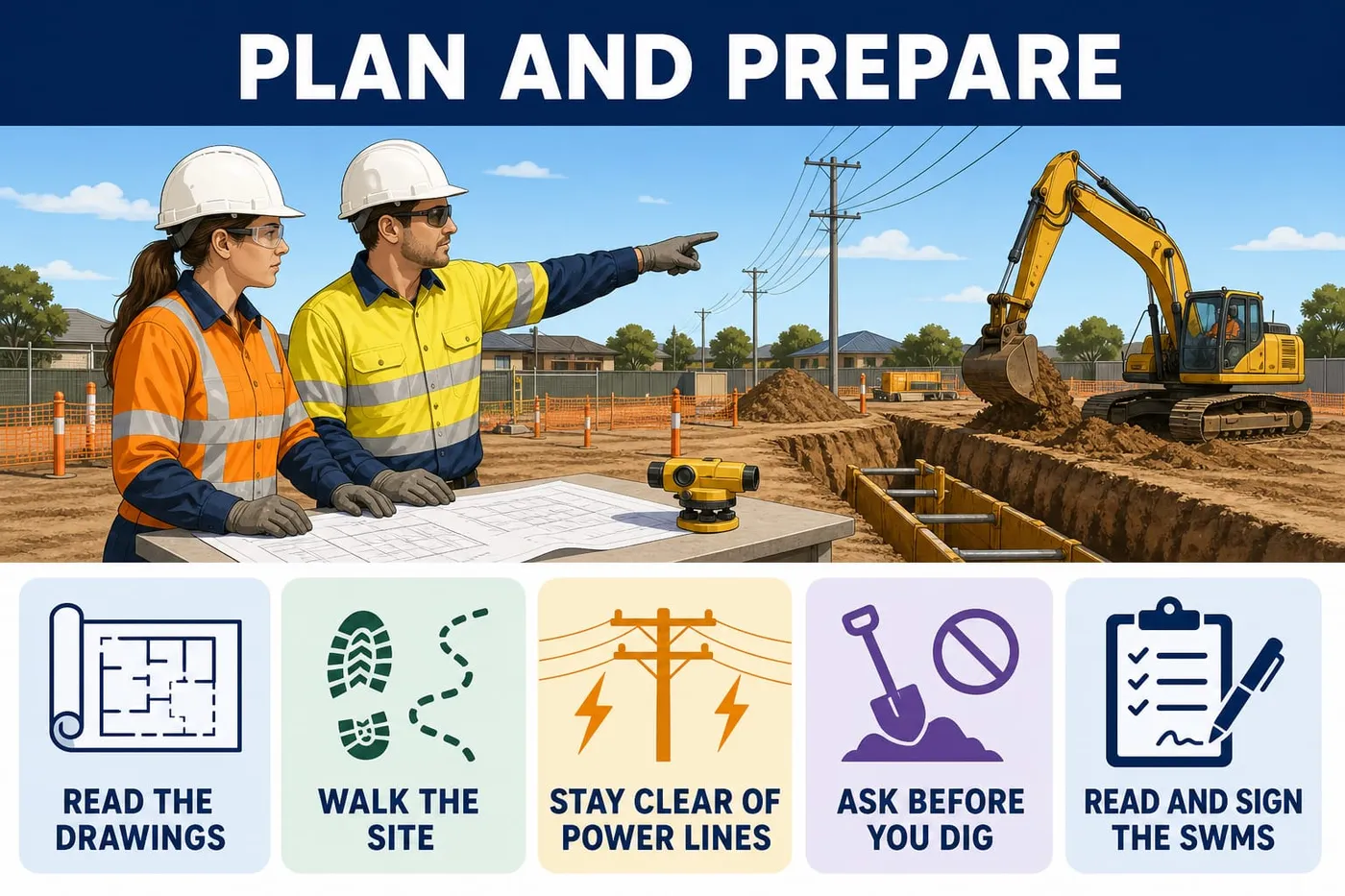 Illustration: plan and prepare - read the drawings, walk the site, stay clear of power lines, ask before you dig, read and sign the swms.