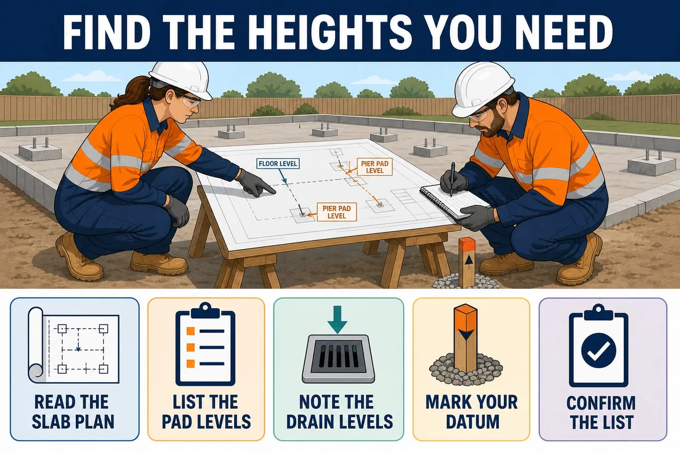 Illustration: find the heights you need - read the slab plan, list the pad levels, note the drain levels, mark your datum, confirm the list.
