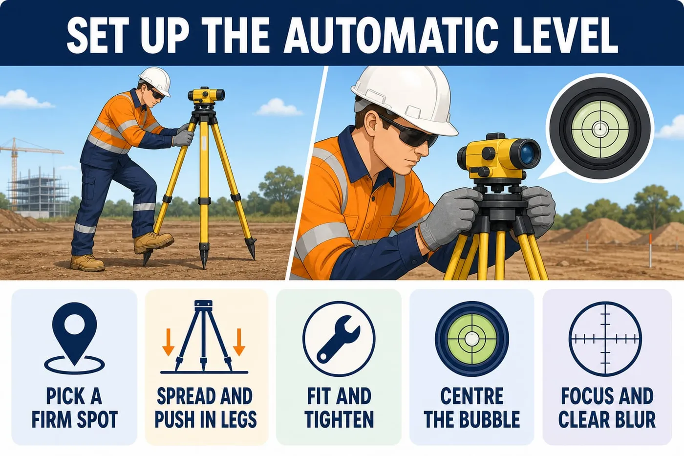 Illustration: set up the automatic level - pick a firm spot, spread and push in legs, fit and tighten, centre the bubble, focus and clear blur.