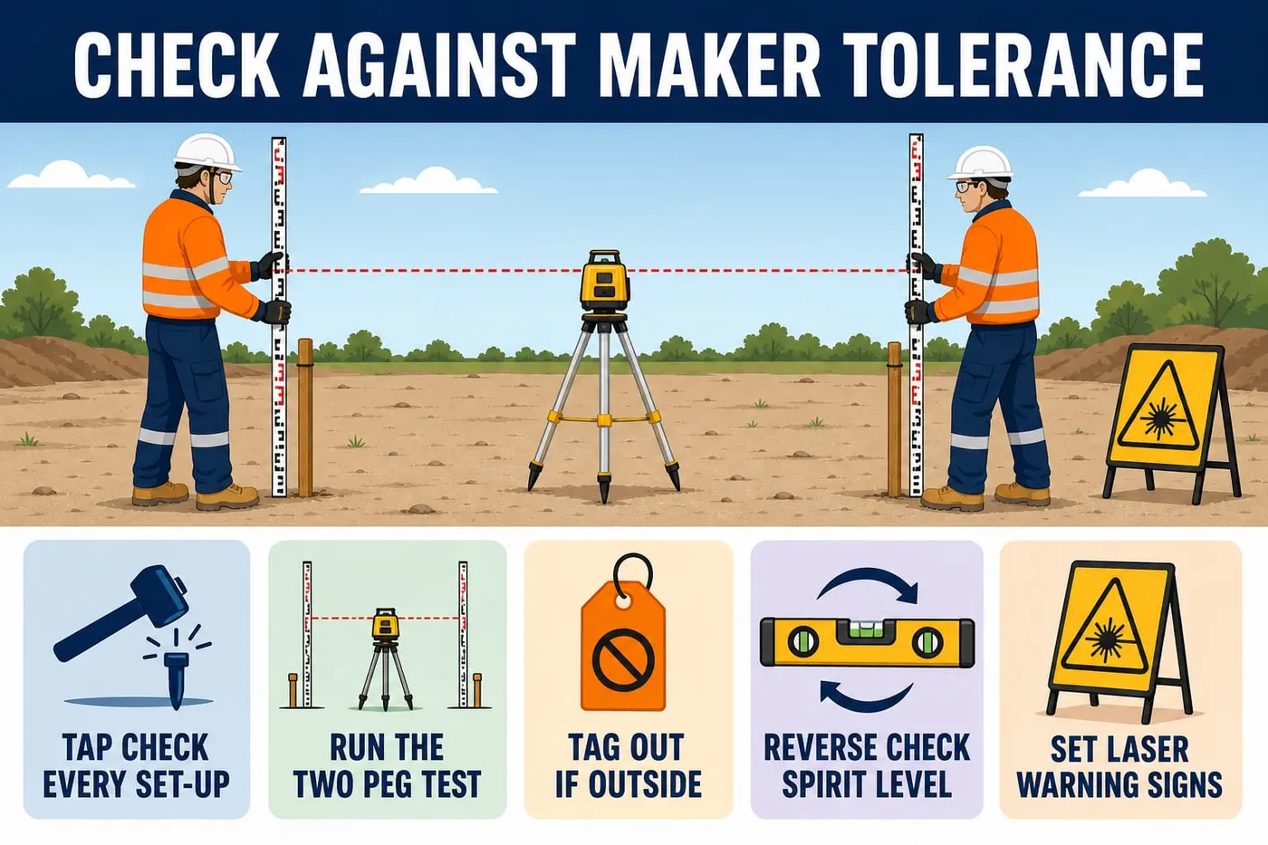 Illustration: check against maker tolerance - tap check every set-up, run the two peg test, tag out if outside, reverse check spirit level, set laser warning signs.
