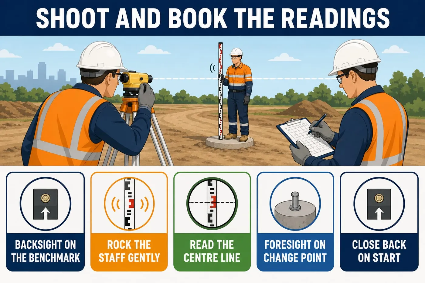 Illustration: shoot and book the readings - backsight on the benchmark, rock the staff gently, read the centre line, foresight on change point, close back on start.