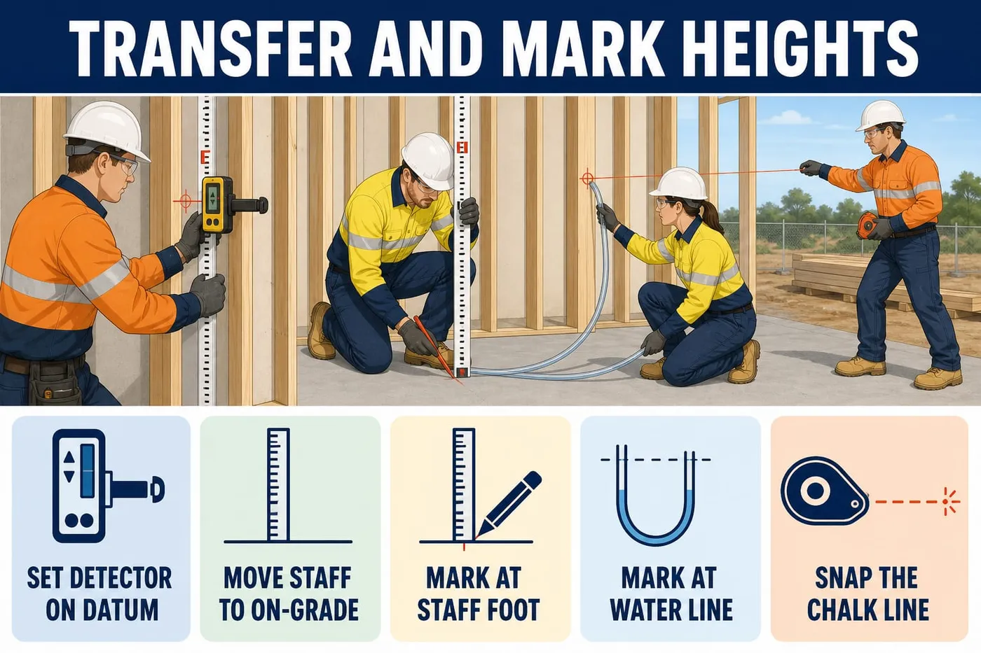 Illustration: transfer and mark heights - set detector on datum, move staff to on-grade, mark at staff foot, mark at water line, snap the chalk line.