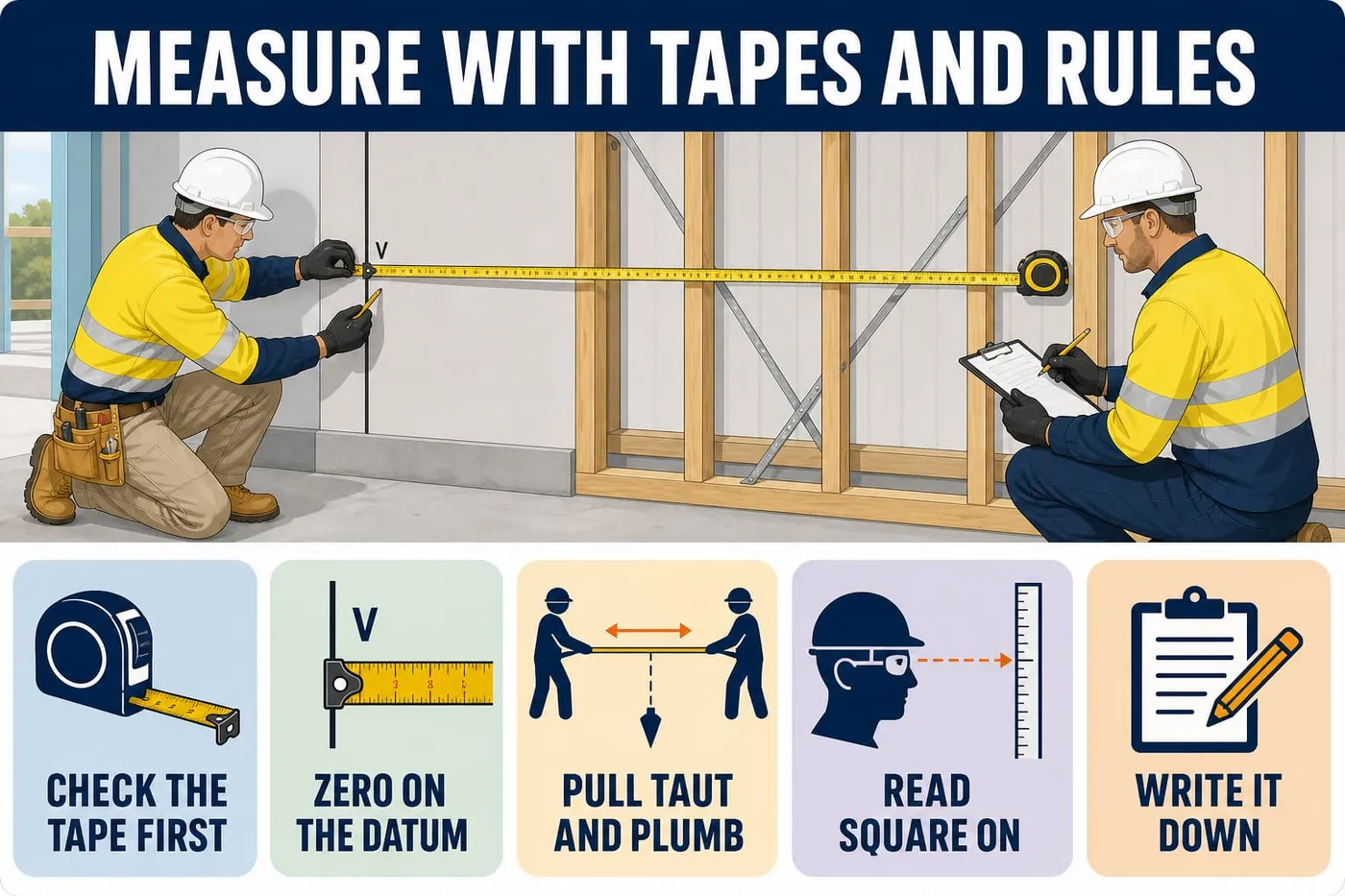 Illustration: measure with tapes and rules - check the tape first, zero on the datum, pull taut and plumb, read square on, write it down.