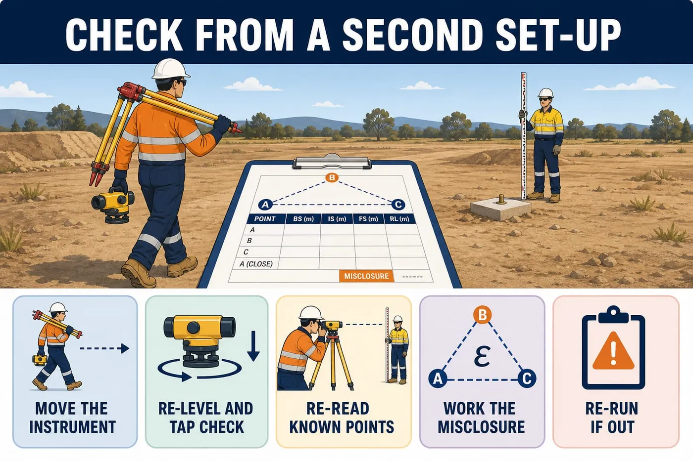 Illustration: check from a second set-up - move the instrument, re-level and tap check, re-read known points, work the misclosure, re-run if out.