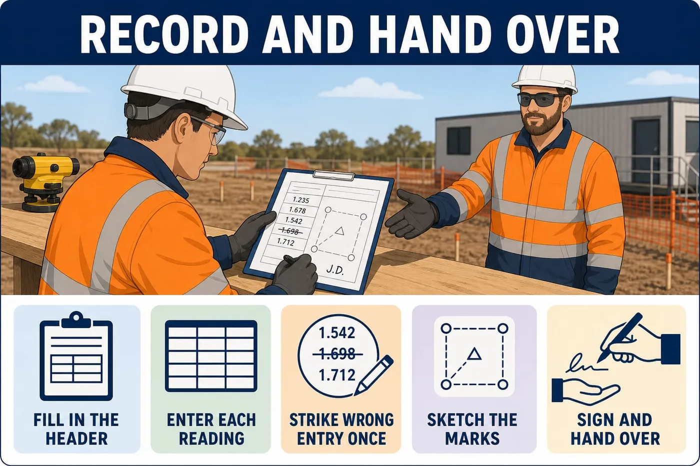 Illustration: record and hand over - fill in the header, enter each reading, strike wrong entry once, sketch the marks, sign and hand over.