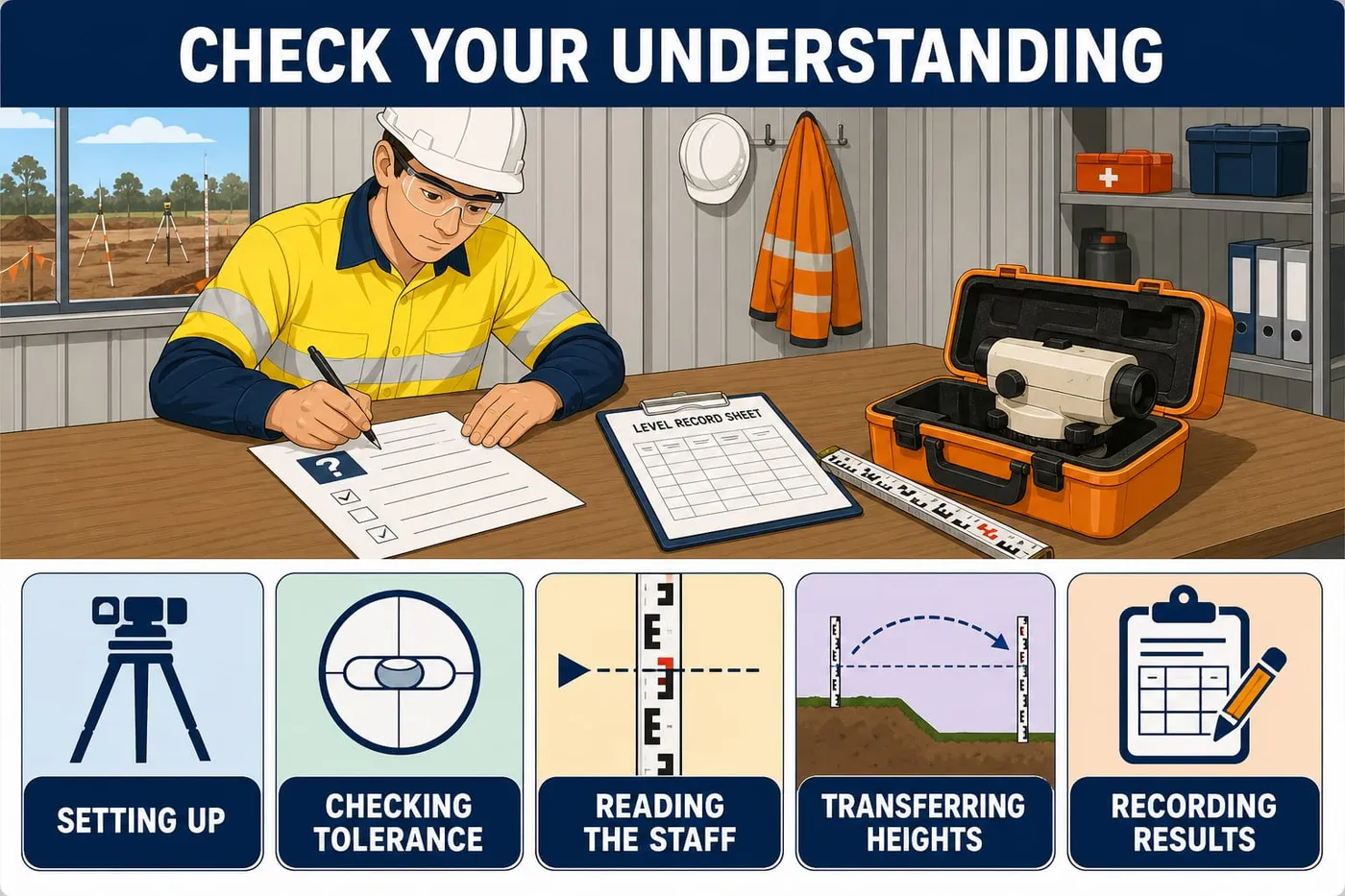 Illustration: check your understanding - setting up, checking tolerance, reading the staff, transferring heights, recording results.
