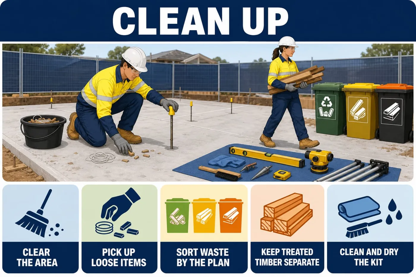 Illustration: clean up - clear the area, pick up loose items, sort waste by the plan, keep treated timber separate, clean and dry the kit.
