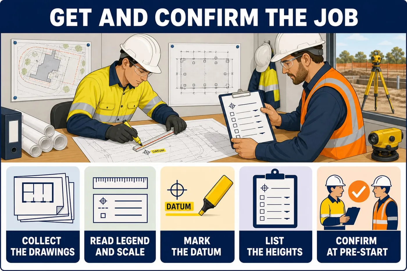Illustration: get and confirm the job - collect the drawings, read legend and scale, mark the datum, list the heights, confirm at pre-start.