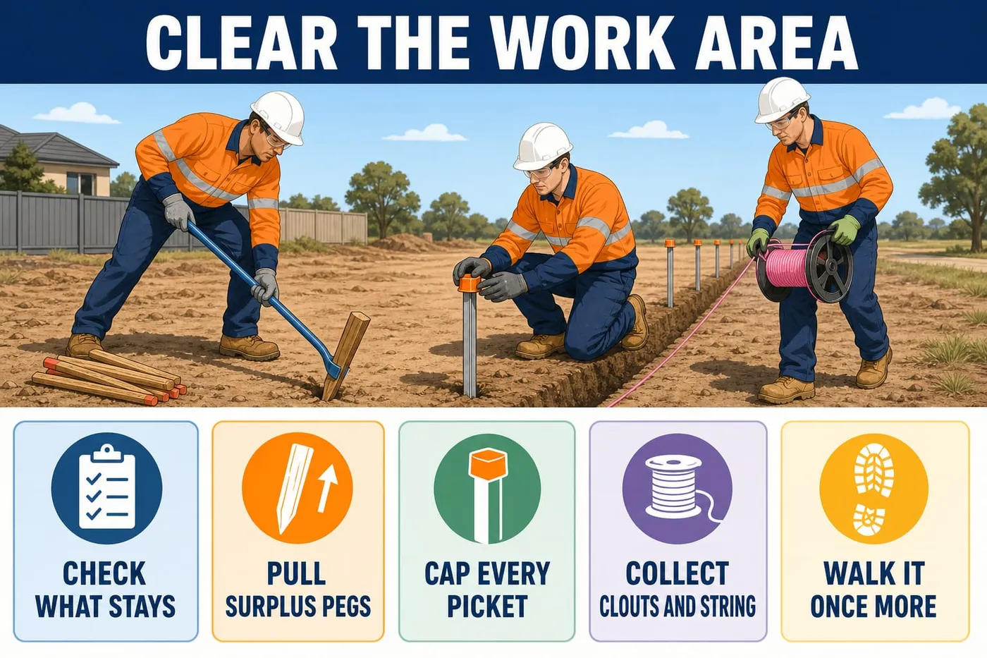 Illustration: clear the work area - check what stays, pull surplus pegs, cap every picket, collect clouts and string, walk it once more.