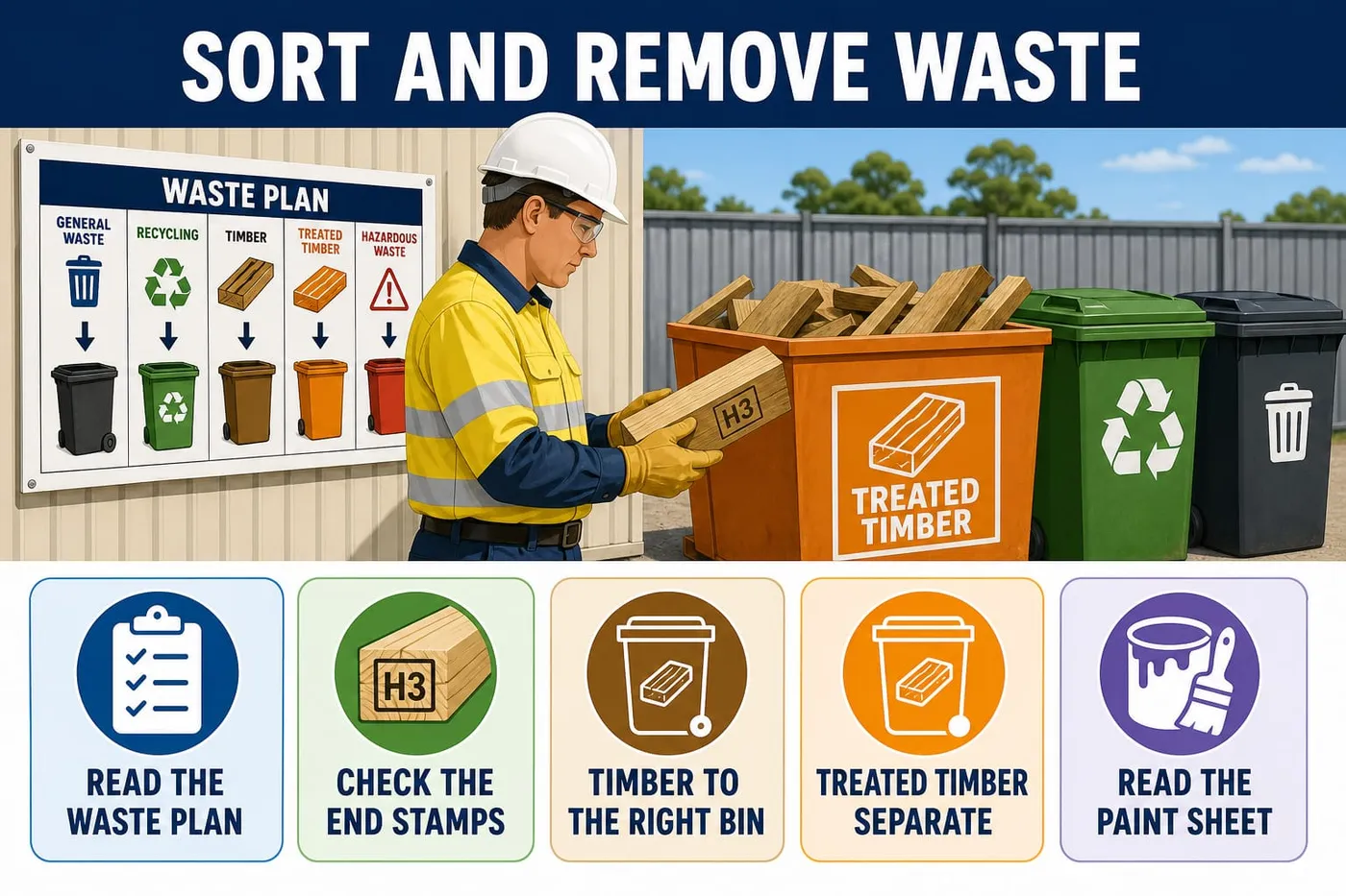 Illustration: sort and remove waste - read the waste plan, check the end stamps, timber to the right bin, treated timber separate, read the paint sheet.