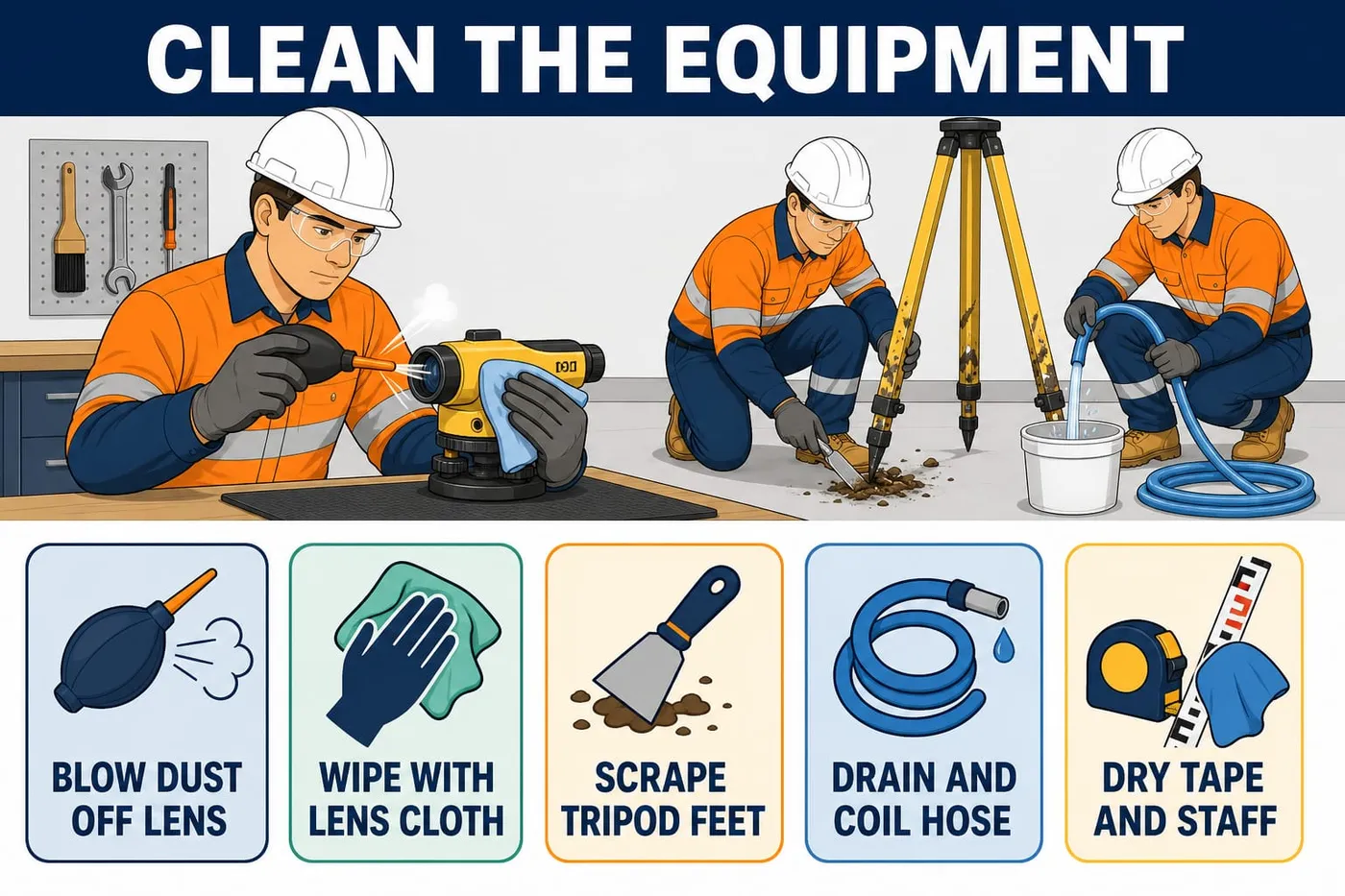 Illustration: clean the equipment - blow dust off lens, wipe with lens cloth, scrape tripod feet, drain and coil hose, dry tape and staff.