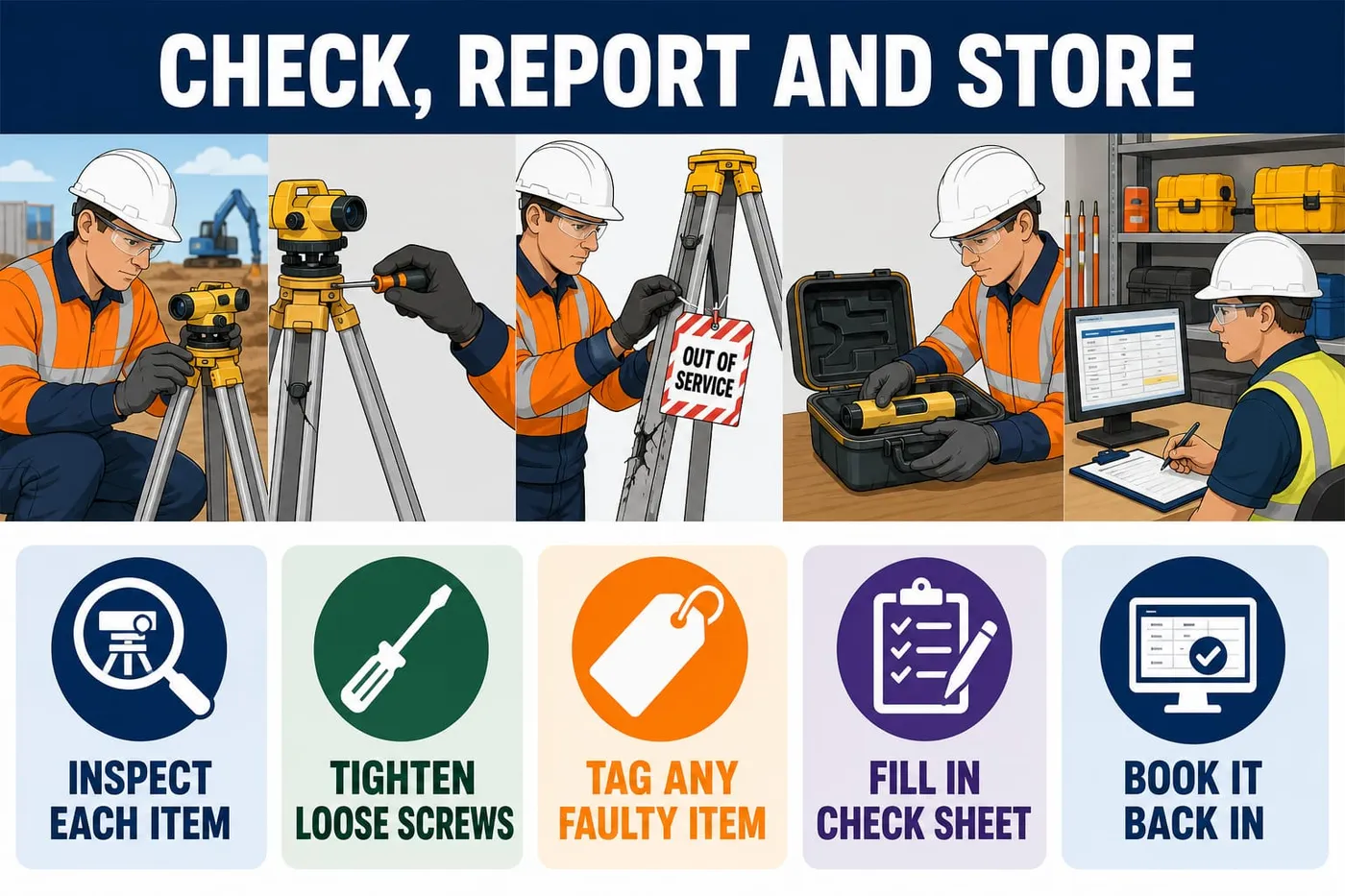 Illustration: check, report and store - inspect each item, tighten loose screws, tag any faulty item, fill in check sheet, book it back in.