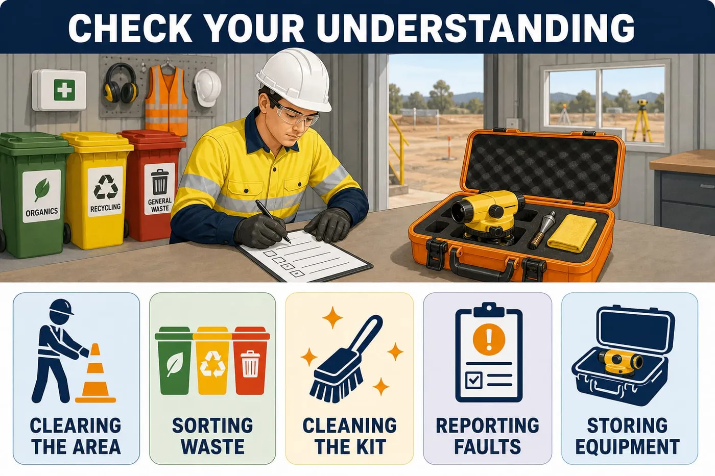 Illustration: check your understanding - clearing the area, sorting waste, cleaning the kit, reporting faults, storing equipment.