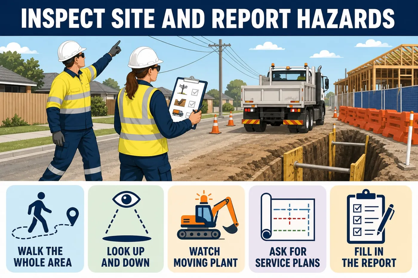 Illustration: inspect site and report hazards - walk the whole area, look up and down, watch moving plant, ask for service plans, fill in the report.