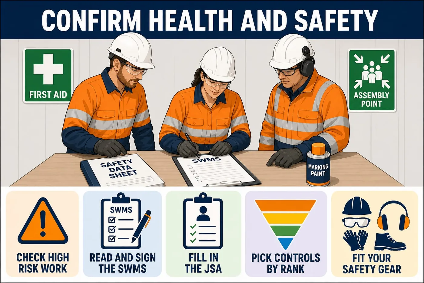 Illustration: confirm health and safety - check high risk work, read and sign the swms, fill in the jsa, pick controls by rank, fit your safety gear.