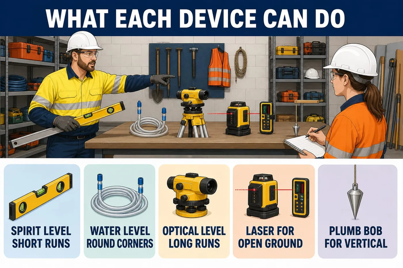 Illustration: what each device can do - spirit level short runs, water level round corners, optical level long runs, laser for open ground, plumb bob for vertical.