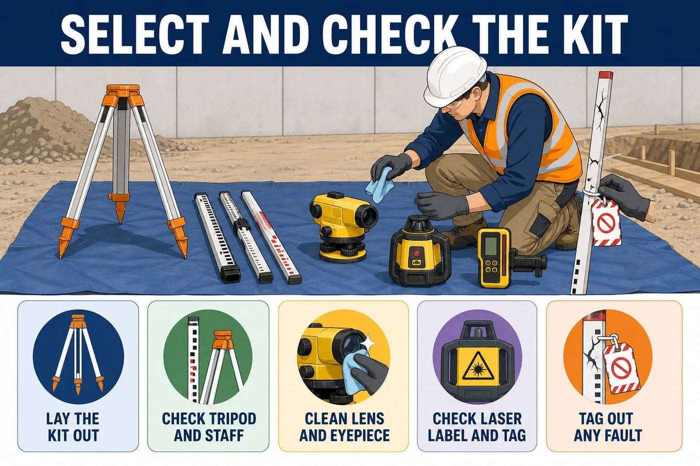 Illustration: select and check the kit - lay the kit out, check tripod and staff, clean lens and eyepiece, check laser label and tag, tag out any fault.
