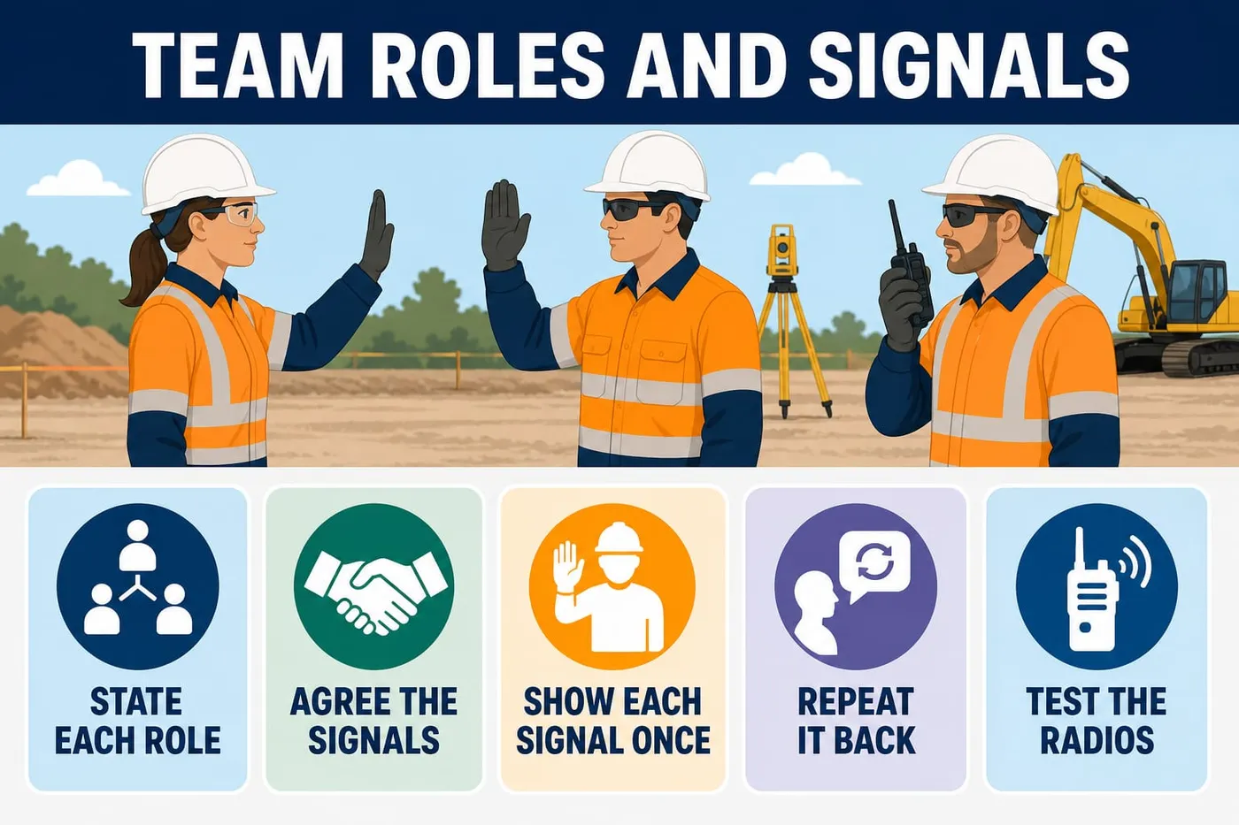 Illustration: team roles and signals - state each role, agree the signals, show each signal once, repeat it back, test the radios.