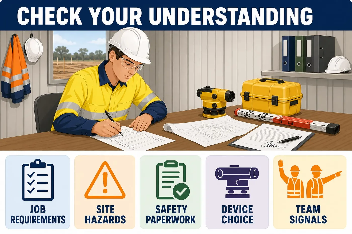 Illustration: check your understanding - job requirements, site hazards, safety paperwork, device choice, team signals.
