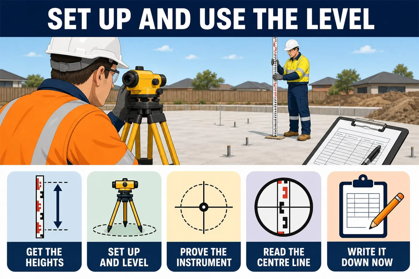 Illustration: set up and use the level - get the heights, set up and level, prove the instrument, read the centre line, write it down now.