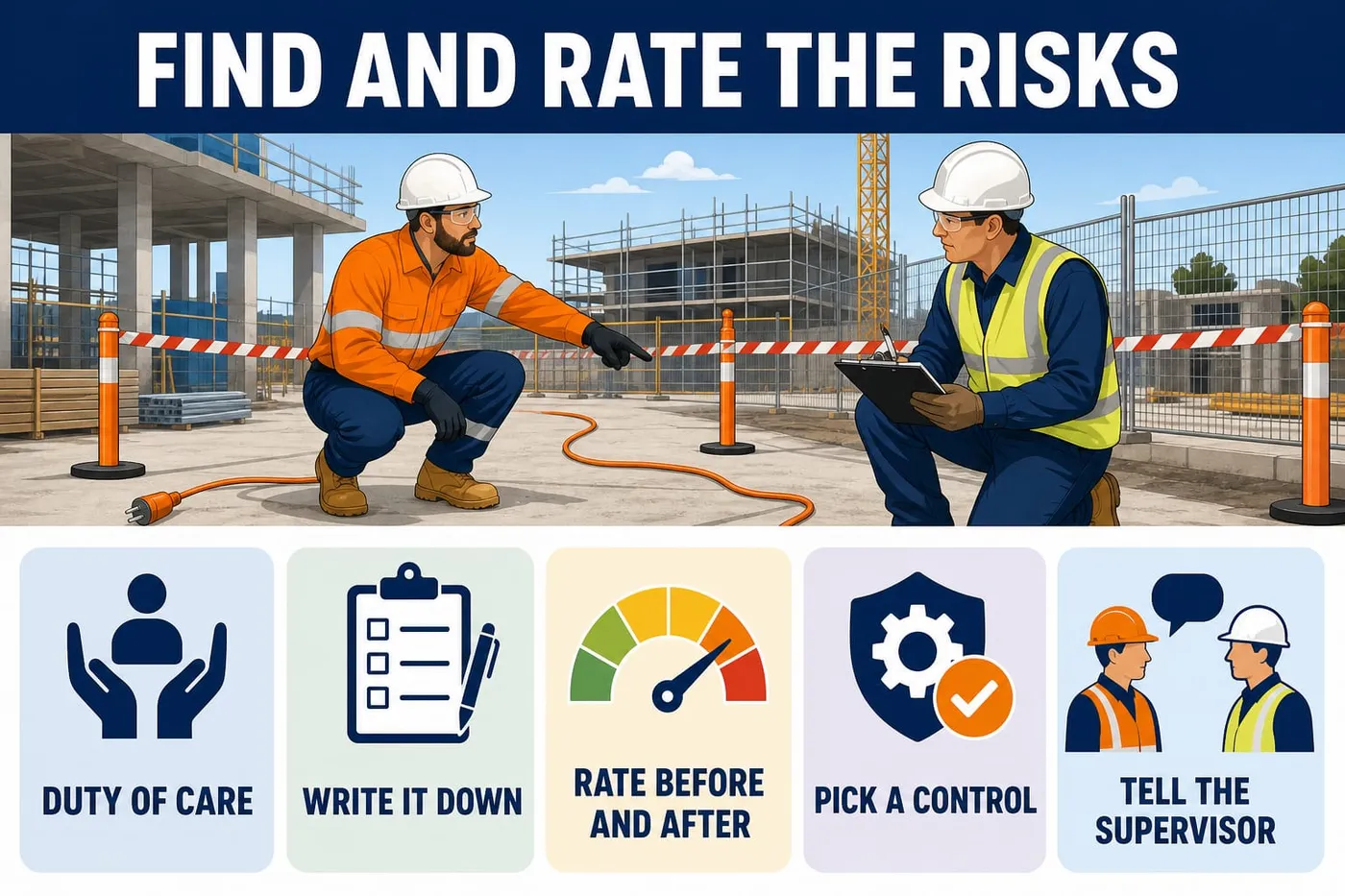 Illustration: find and rate the risks - duty of care, write it down, rate before and after, pick a control, tell the supervisor.