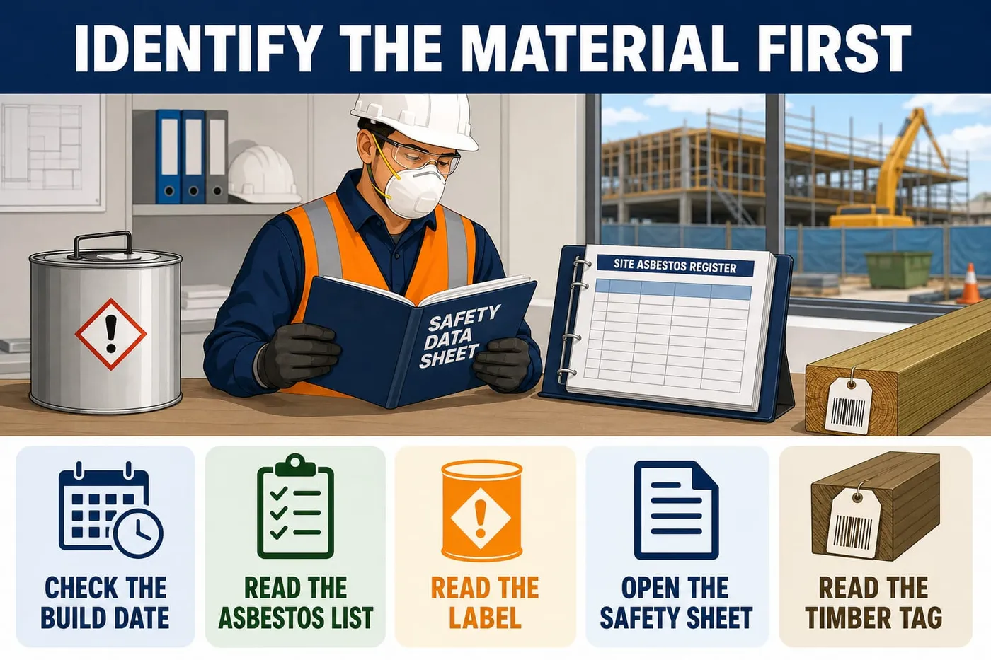 Illustration: identify the material first - check the build date, read the asbestos list, read the label, open the safety sheet, read the timber tag.