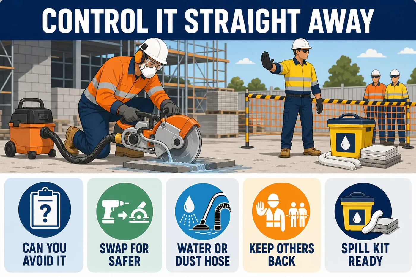 Illustration: control it straight away - can you avoid it, swap for safer, water or dust hose, keep others back, spill kit ready.