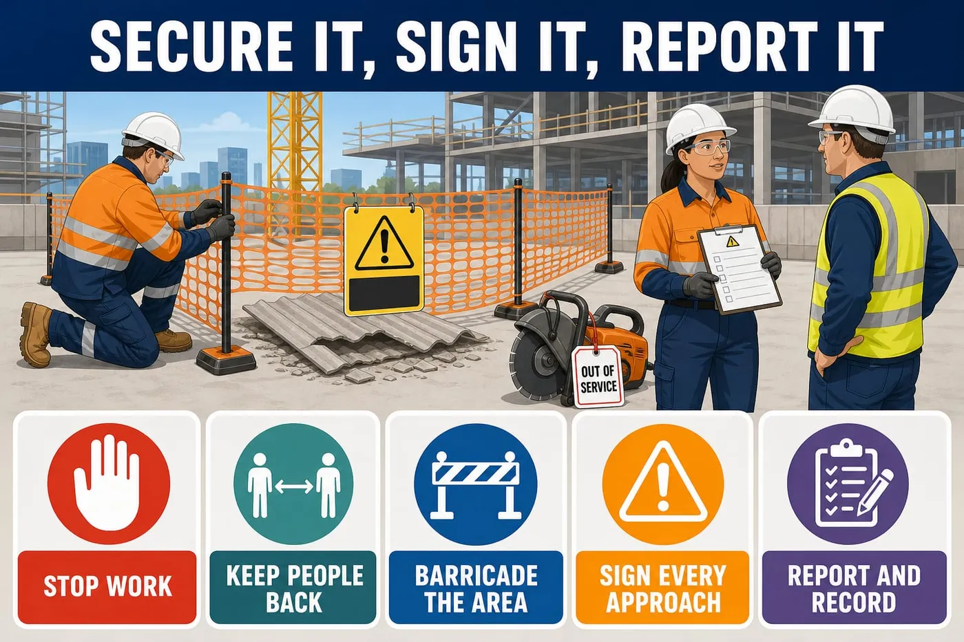 Illustration: secure it, sign it, report it - stop work, keep people back, barricade the area, sign every approach, report and record.