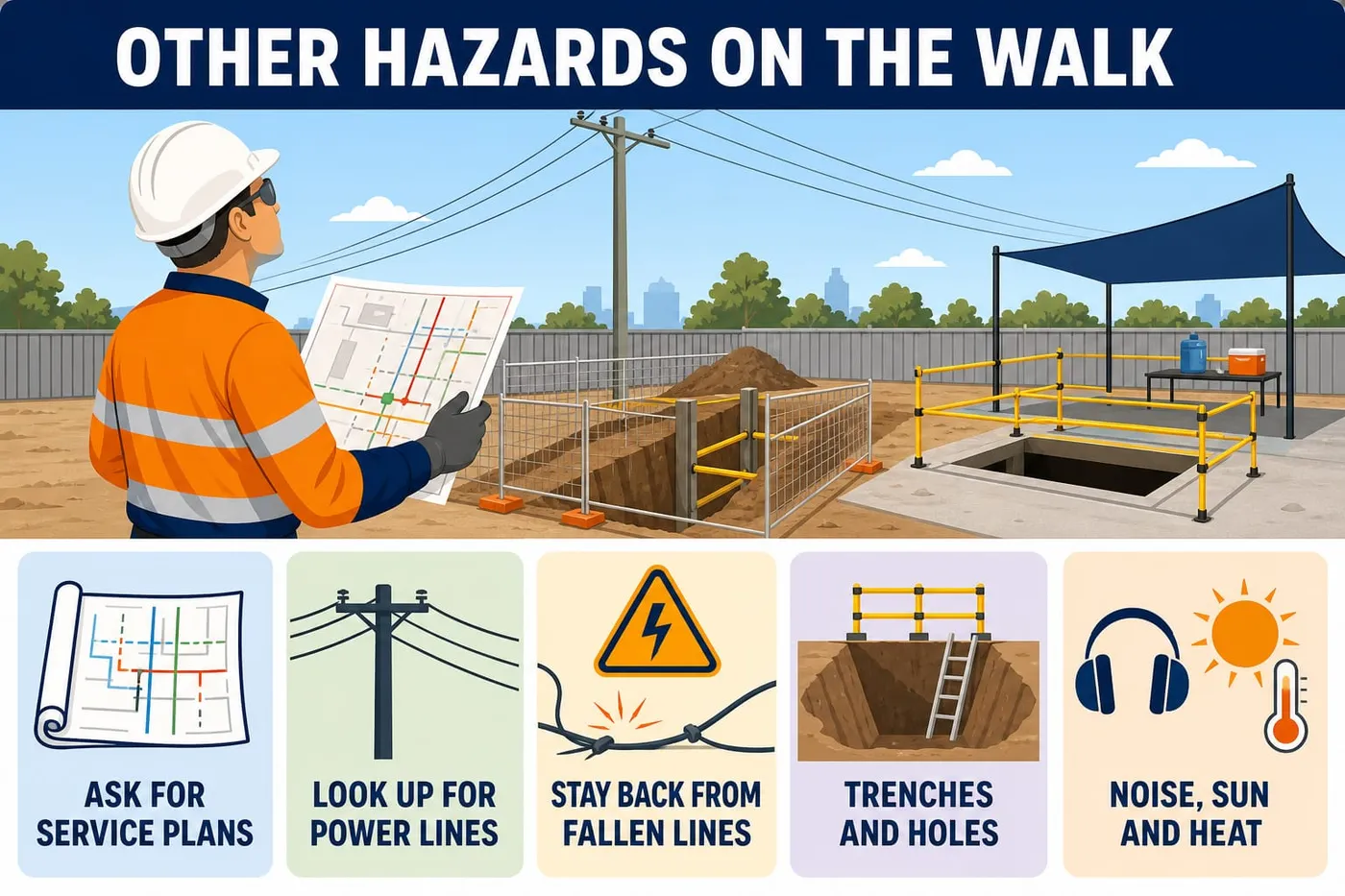 Illustration: other hazards on the walk - ask for service plans, look up for power lines, stay back from fallen lines, trenches and holes, noise, sun and heat.