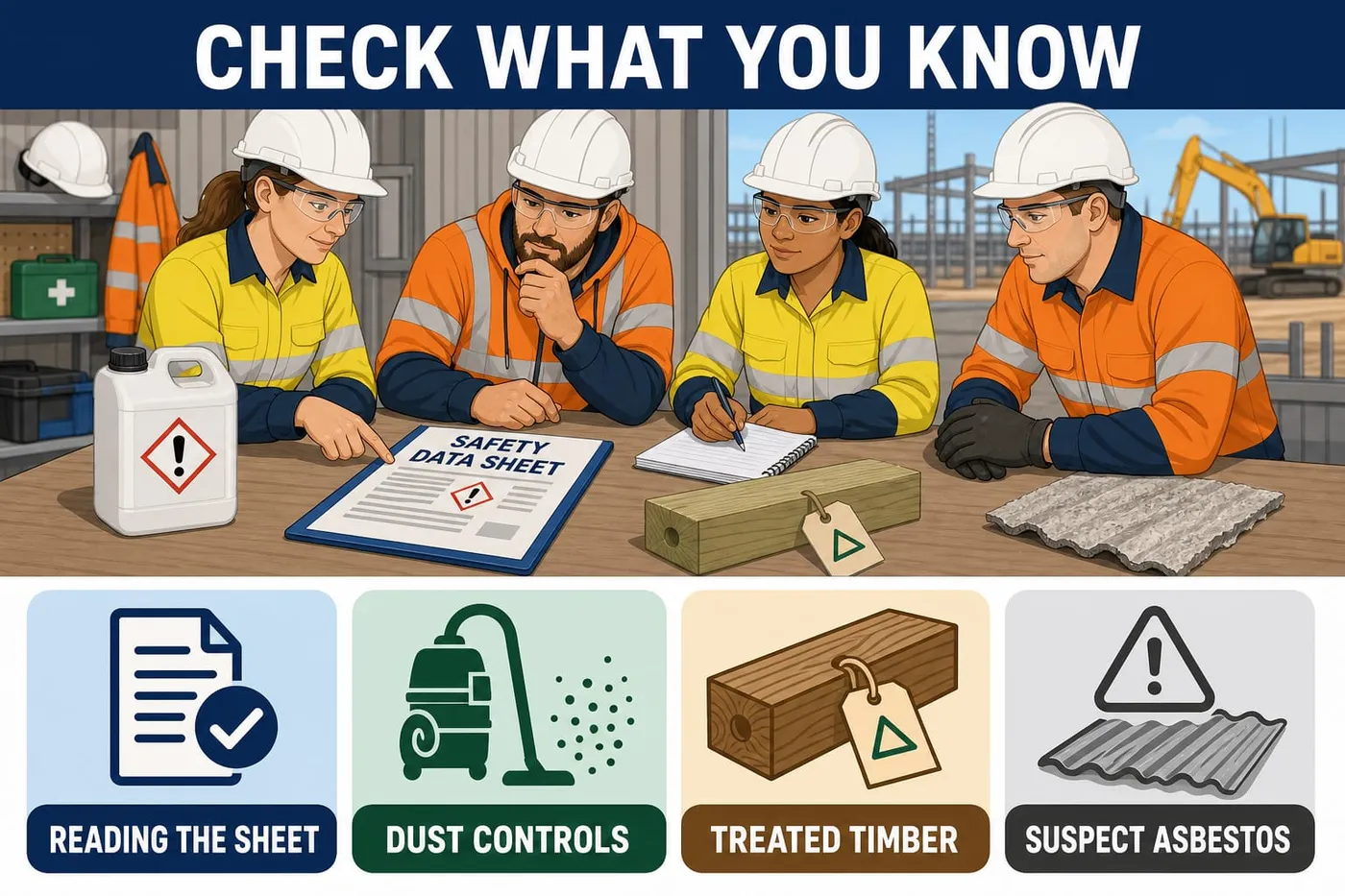 Illustration: check what you know - reading the sheet, dust controls, treated timber, suspect asbestos.