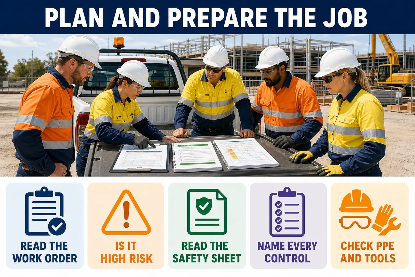 Illustration: plan and prepare the job - read the work order, is it high risk, read the safety sheet, name every control, check ppe and tools.
