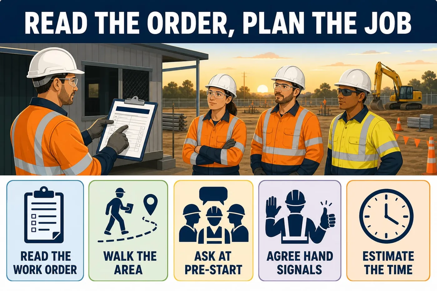 Illustration: read the order, plan the job - read the work order, walk the area, ask at pre-start, agree hand signals, estimate the time.