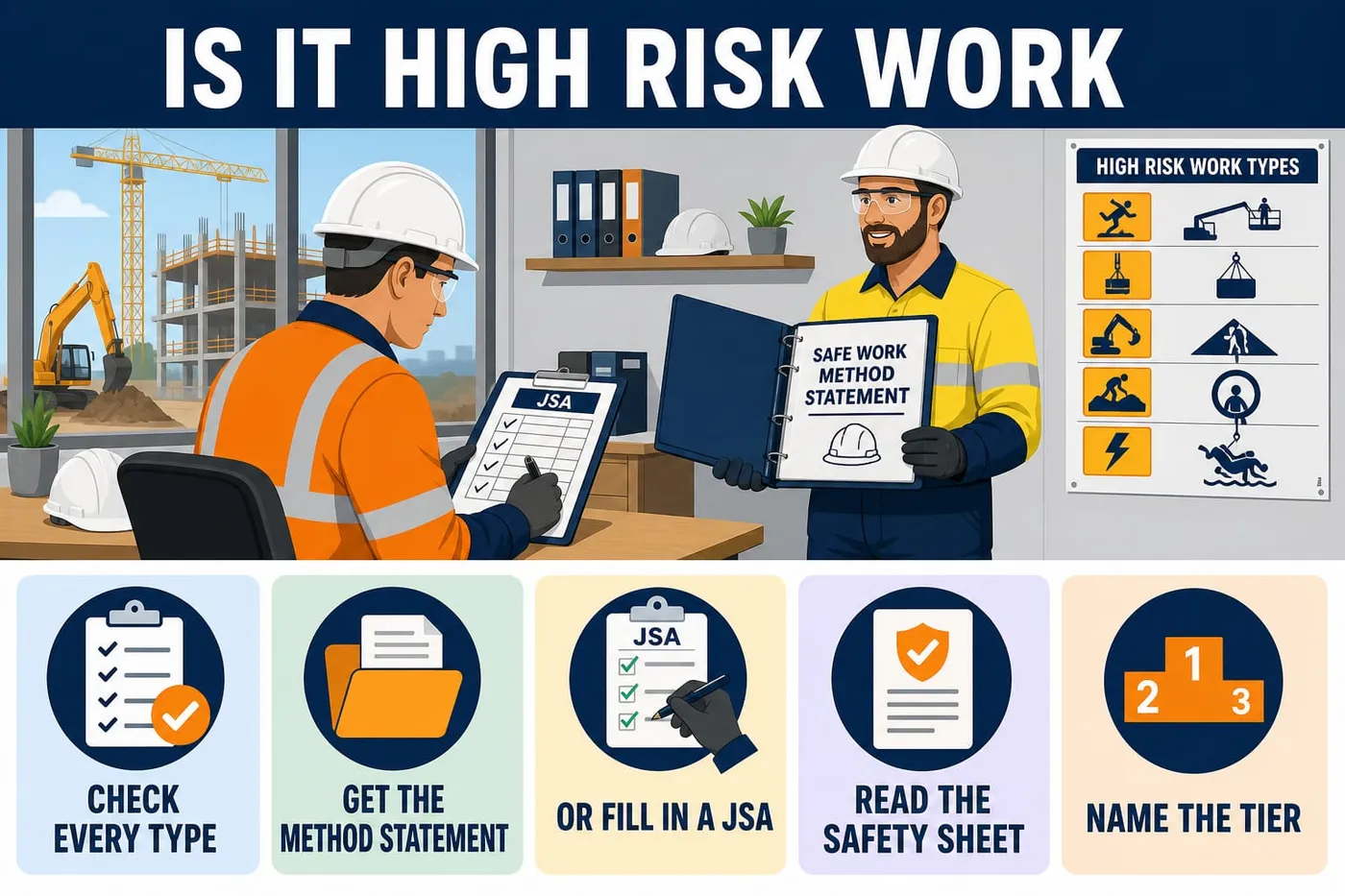 Illustration: is it high risk work - check every type, get the method statement, or fill in a jsa, read the safety sheet, name the tier.