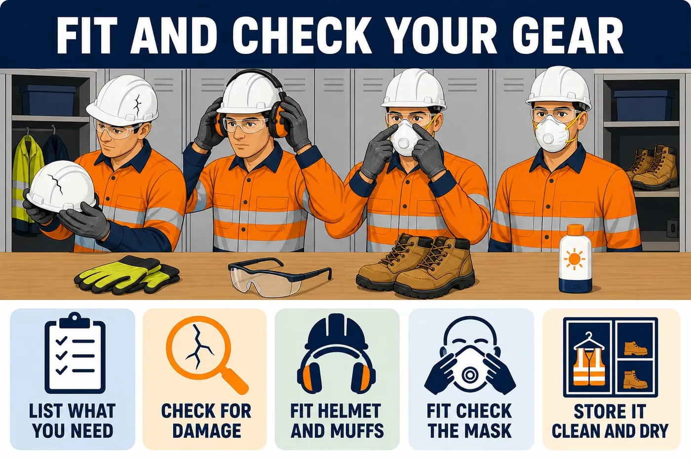 Illustration: fit and check your gear - list what you need, check for damage, fit helmet and muffs, fit check the mask, store it clean and dry.