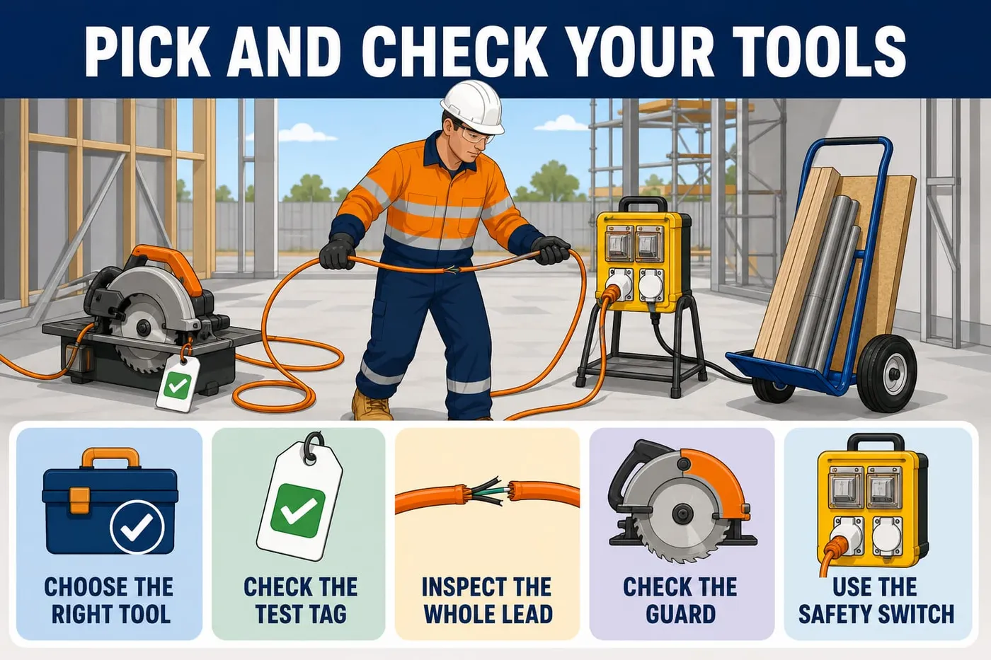 Illustration: pick and check your tools - choose the right tool, check the test tag, inspect the whole lead, check the guard, use the safety switch.