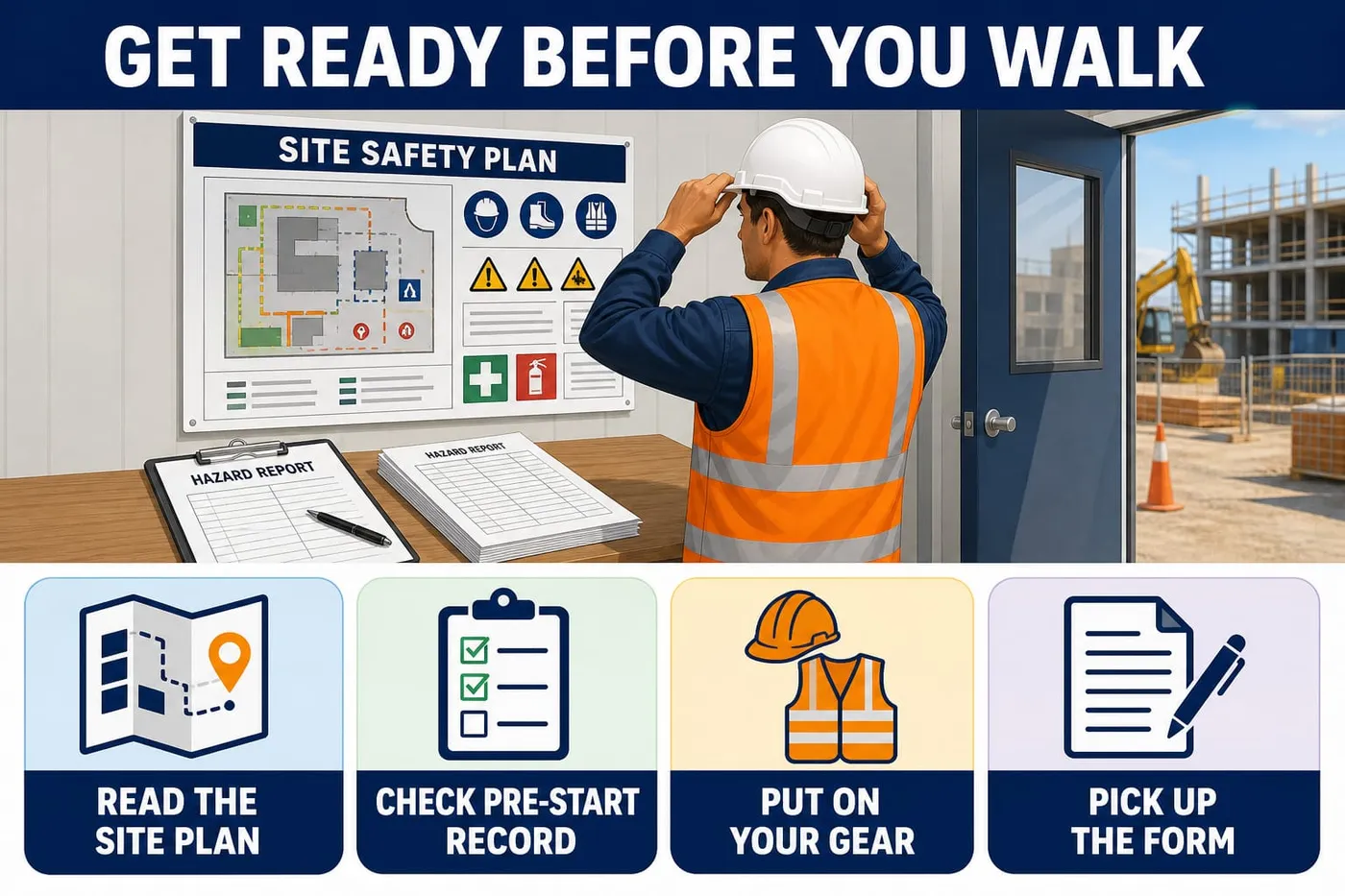 Illustration: get ready before you walk - read the site plan, check pre-start record, put on your gear, pick up the form.