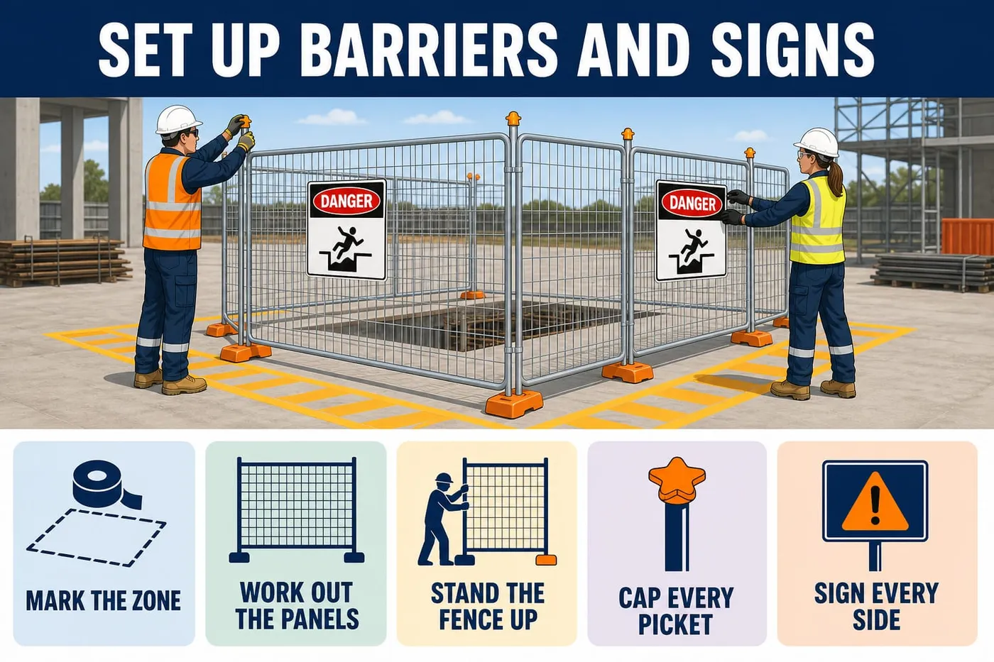 Illustration: set up barriers and signs - mark the zone, work out the panels, stand the fence up, cap every picket, sign every side.