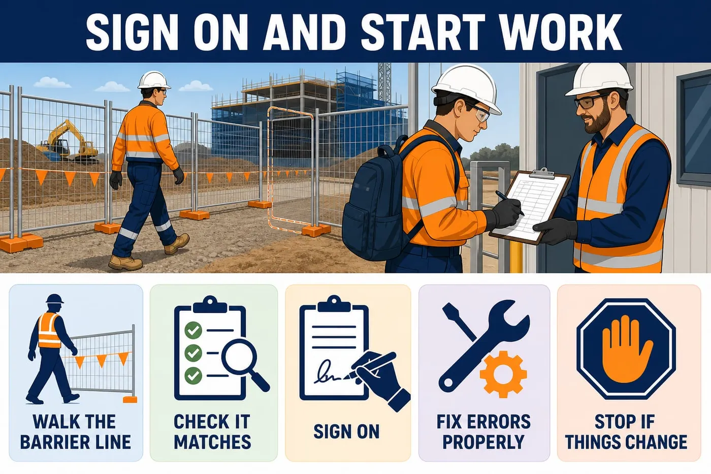 Illustration: sign on and start work - walk the barrier line, check it matches, sign on, fix errors properly, stop if things change.