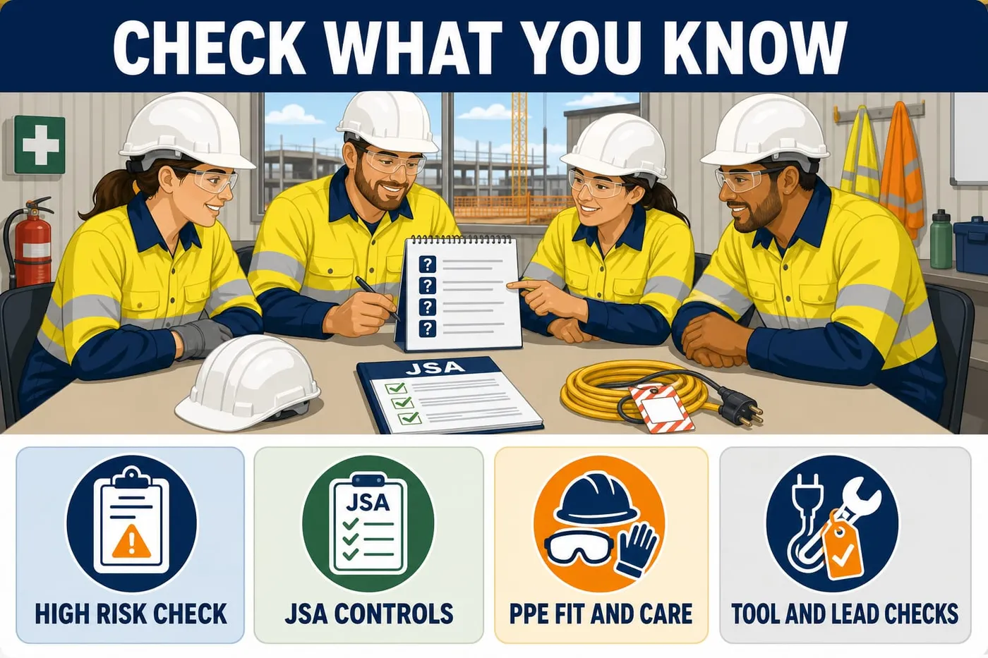 Illustration: check what you know - high risk check, jsa controls, ppe fit and care, tool and lead checks.