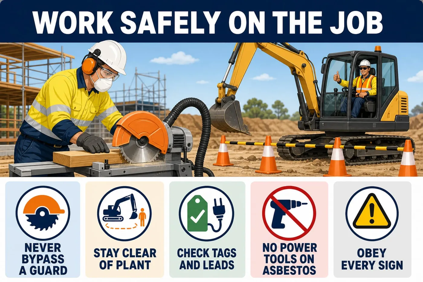 Illustration: work safely on the job - never bypass a guard, stay clear of plant, check tags and leads, no power tools on asbestos, obey every sign.