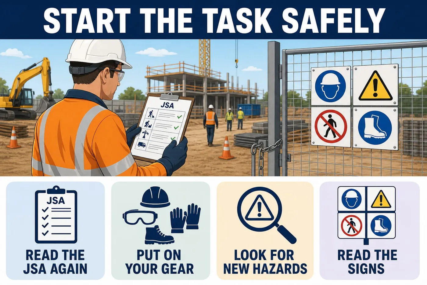 Illustration: start the task safely - read the jsa again, put on your gear, look for new hazards, read the signs.