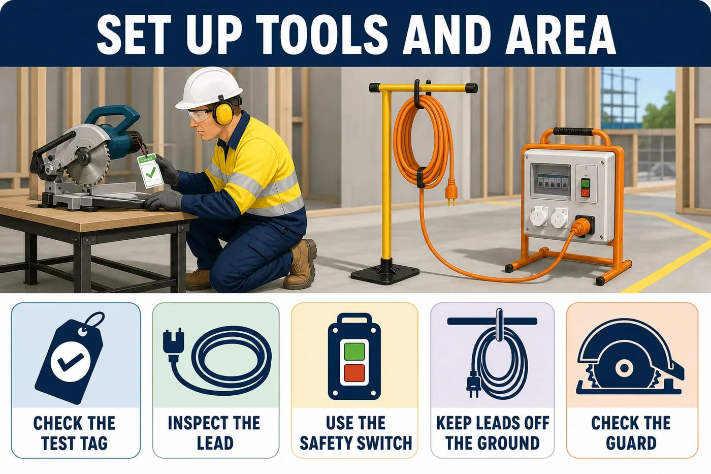 Illustration: set up tools and area - check the test tag, inspect the lead, use the safety switch, keep leads off the ground, check the guard.