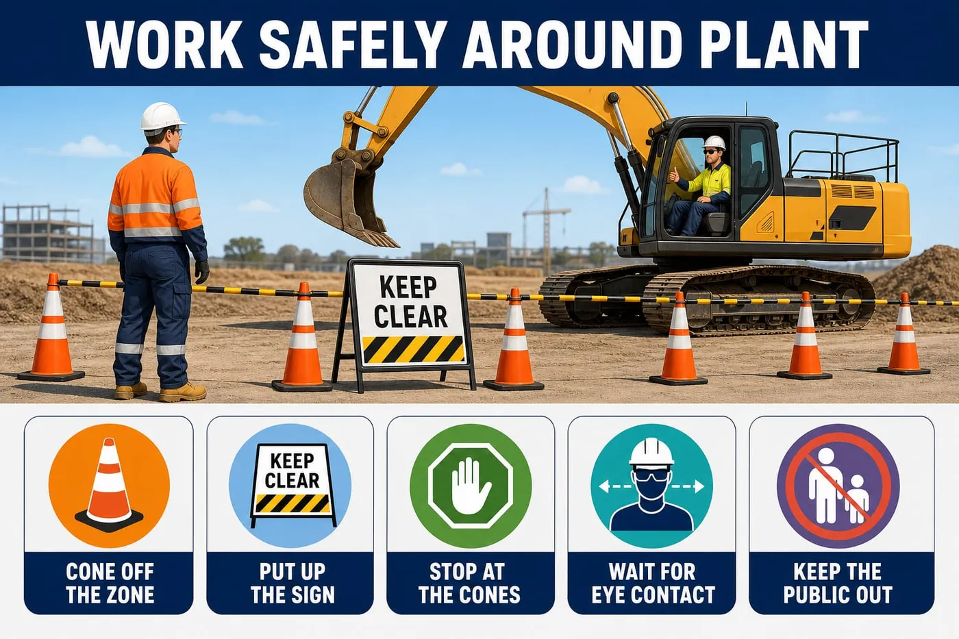 Illustration: work safely around plant - cone off the zone, put up the sign, stop at the cones, wait for eye contact, keep the public out.