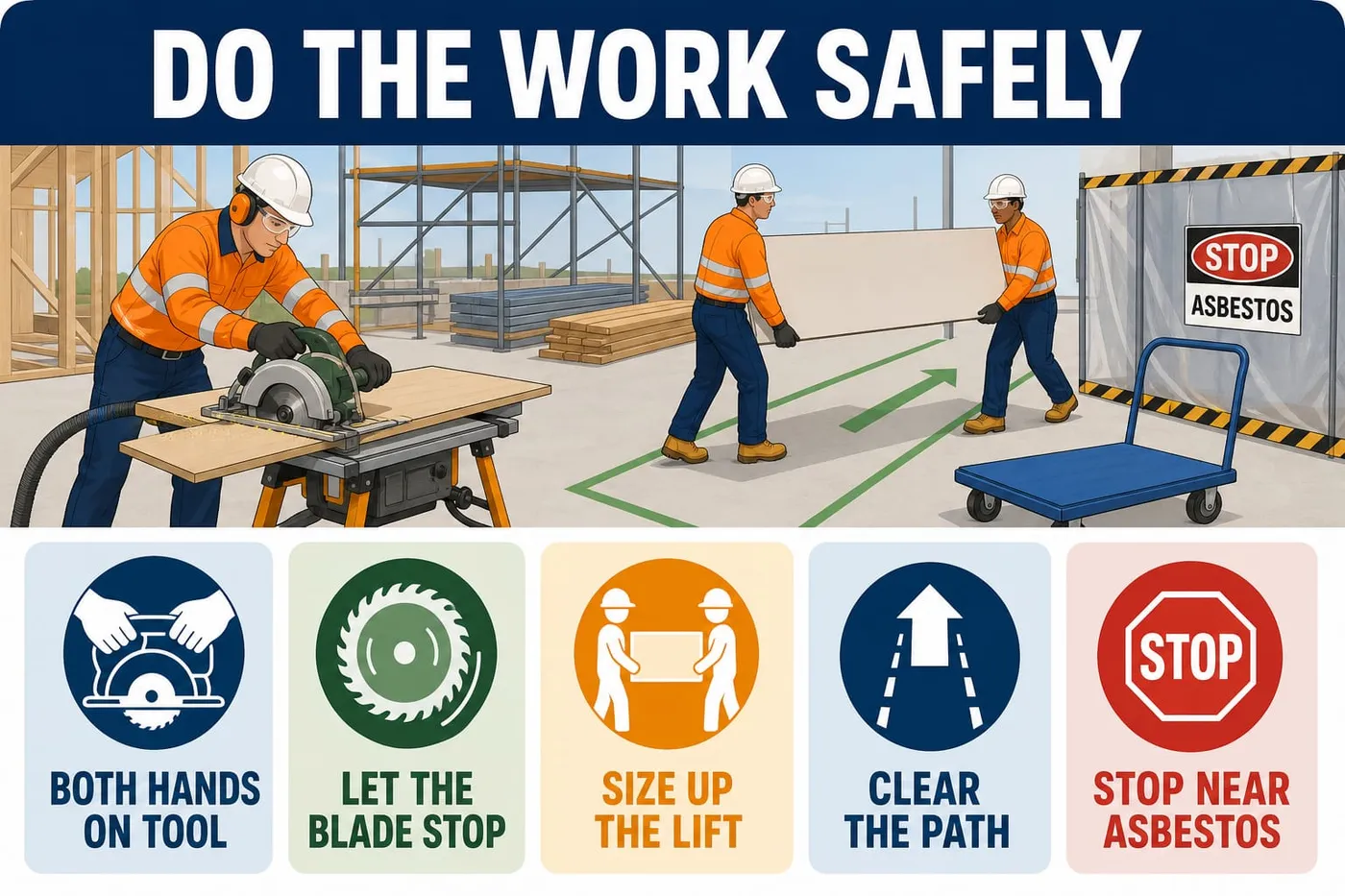 Illustration: do the work safely - both hands on tool, let the blade stop, size up the lift, clear the path, stop near asbestos.