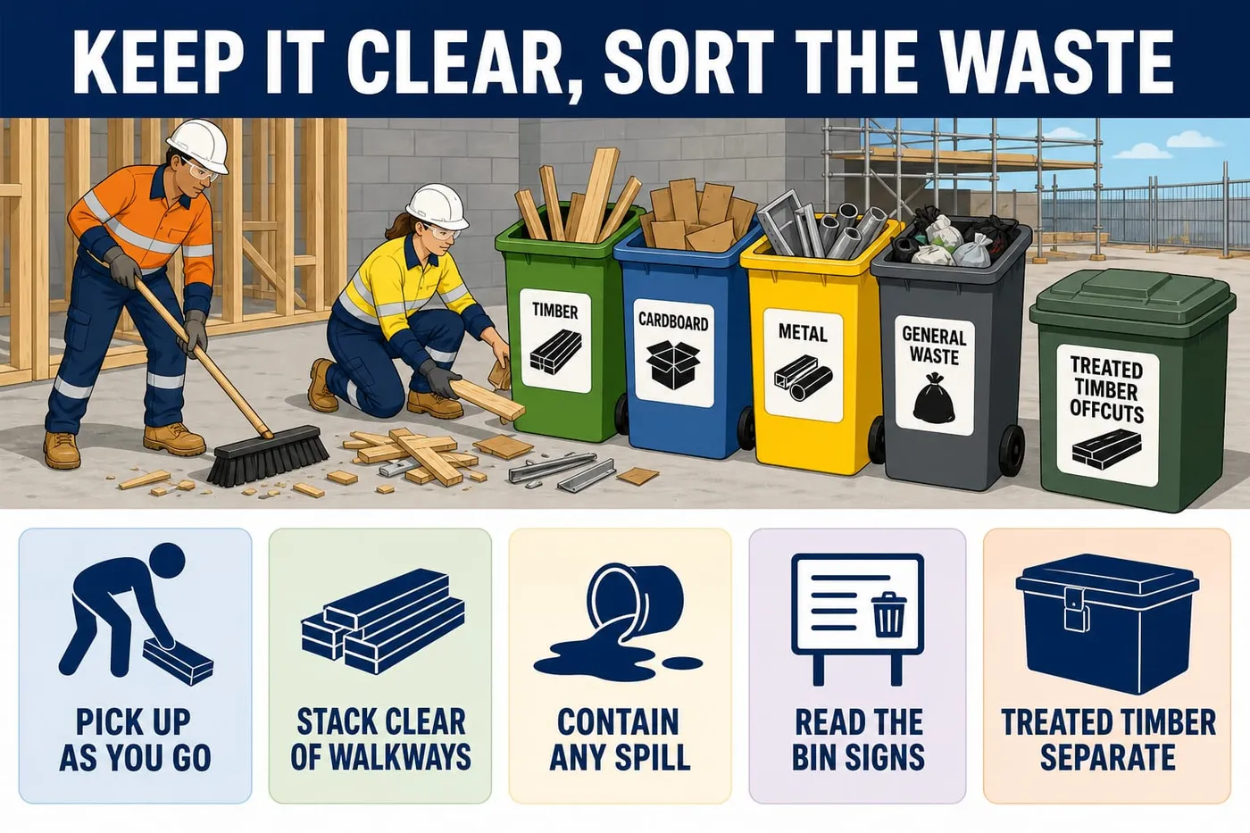 Illustration: keep it clear, sort the waste - pick up as you go, stack clear of walkways, contain any spill, read the bin signs, treated timber separate.