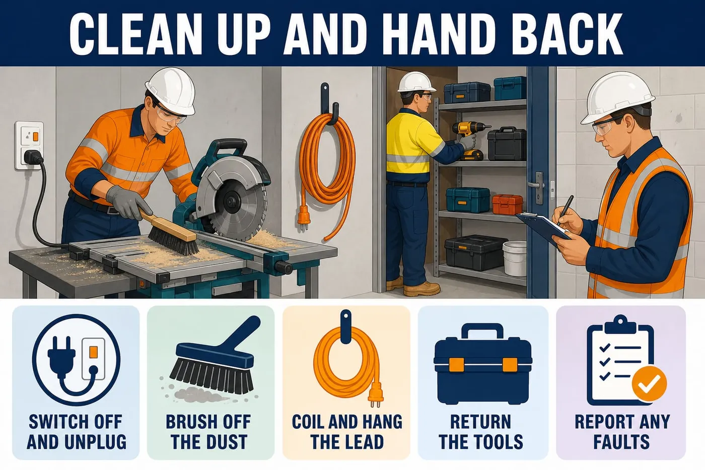Illustration: clean up and hand back - switch off and unplug, brush off the dust, coil and hang the lead, return the tools, report any faults.