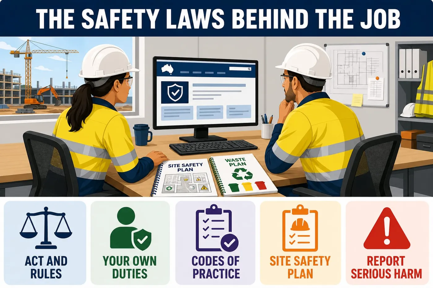 Illustration: the safety laws behind the job - act and rules, your own duties, codes of practice, site safety plan, report serious harm.